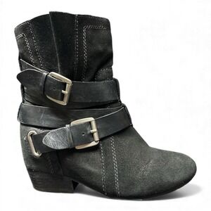 NAYA Leather Fisher Buckle Strap Ankle Boots , Black Suede & Leather, Size 8.5